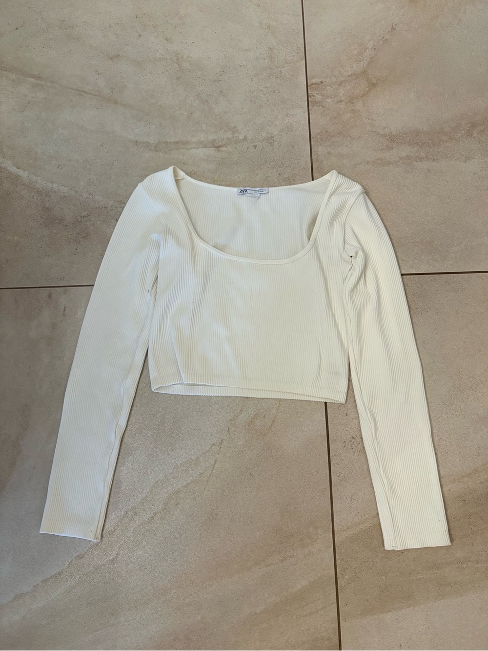 Zara Cream Ribbed Long-Sleeve Scoop Crop Top